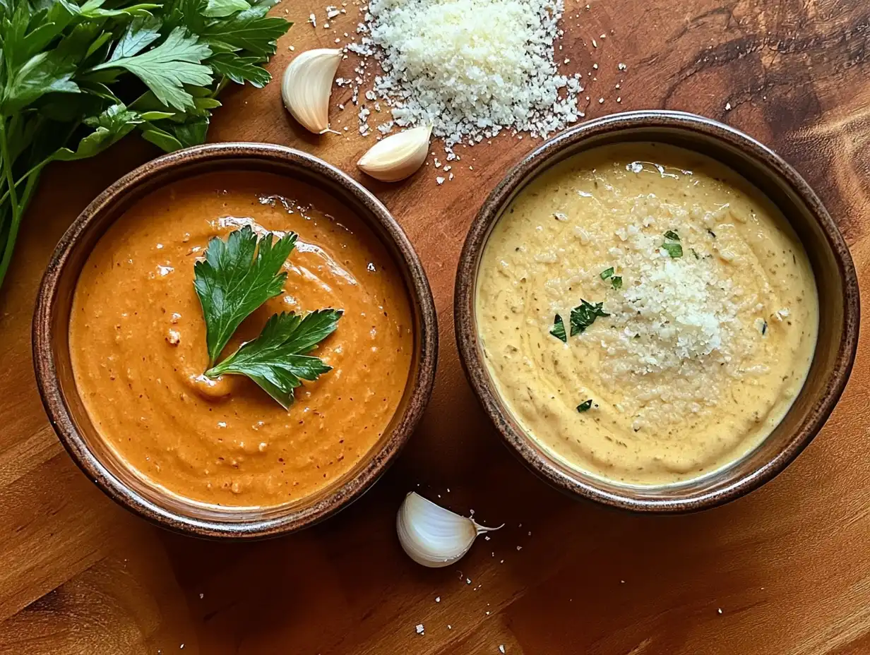 Garlic parmesan sauce and Alfredo sauce in bowls with labeled ingredients