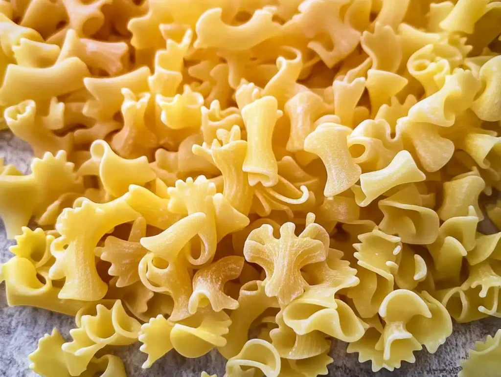 Gigli pasta on a wooden table with tomato sauce and Parmesan cheese
