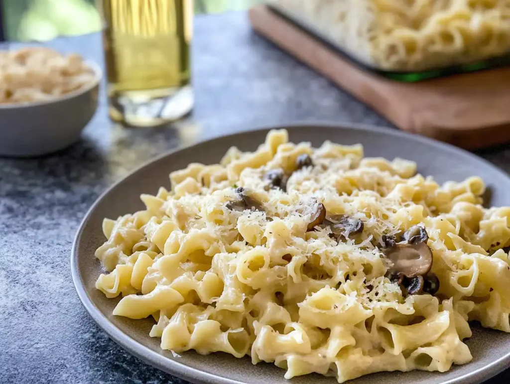 Gigli pasta in Alfredo sauce with mushrooms and Parmesan