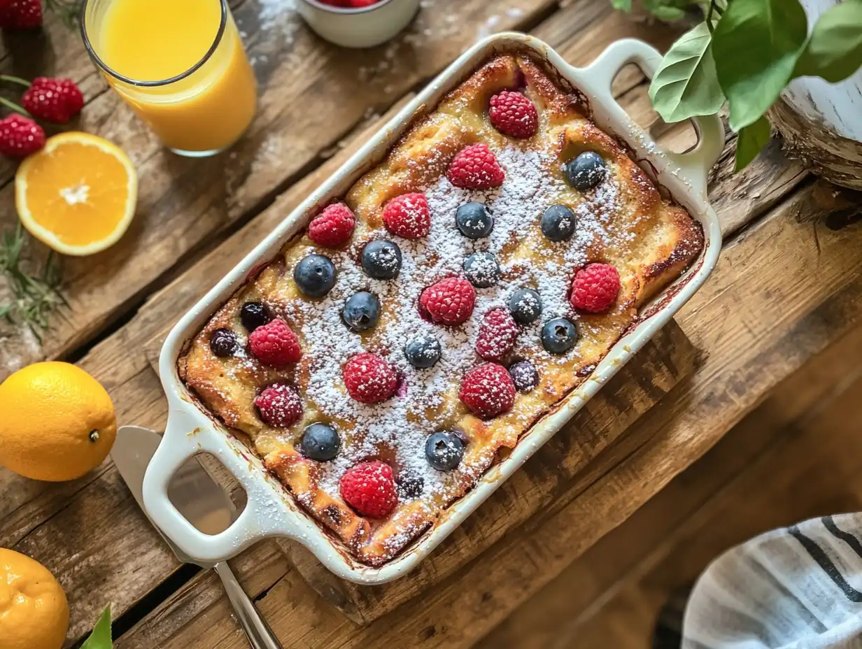 Gluten-free French toast casserole topped with fresh berries and syrup