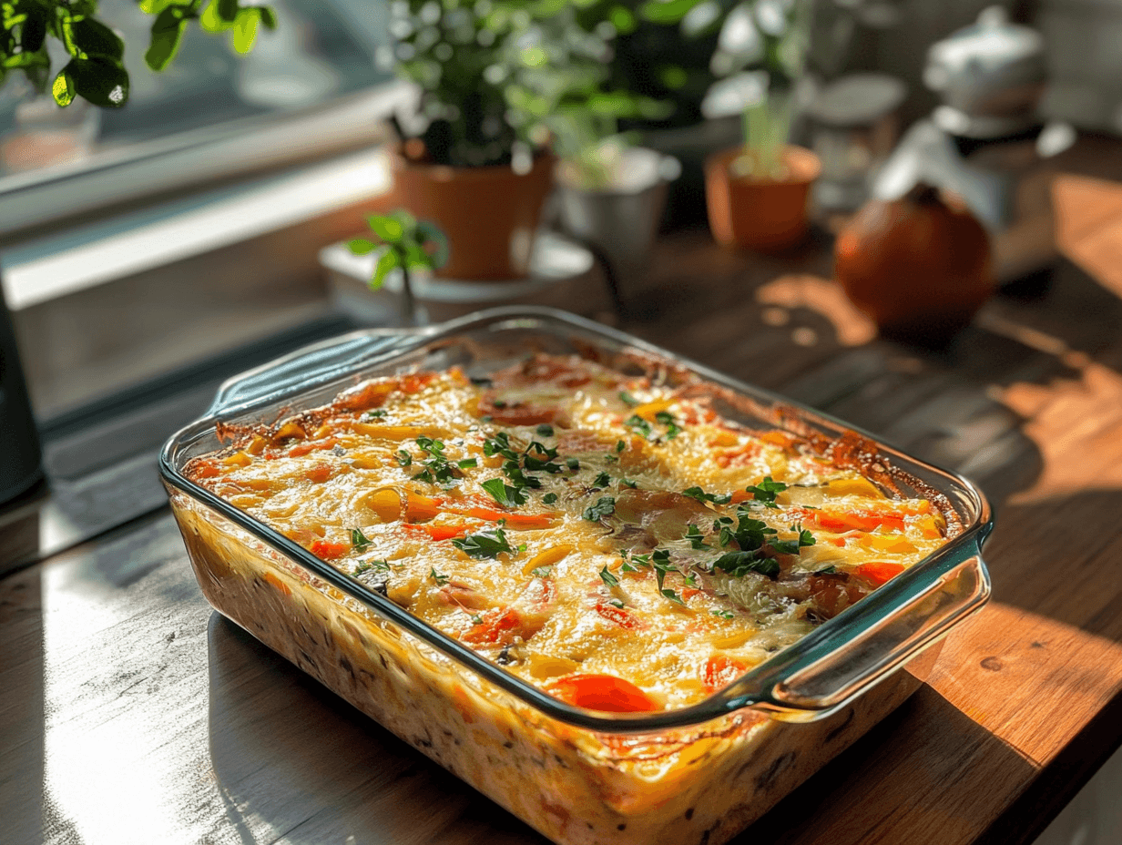 Gluten-free breakfast casserole in a baking dish