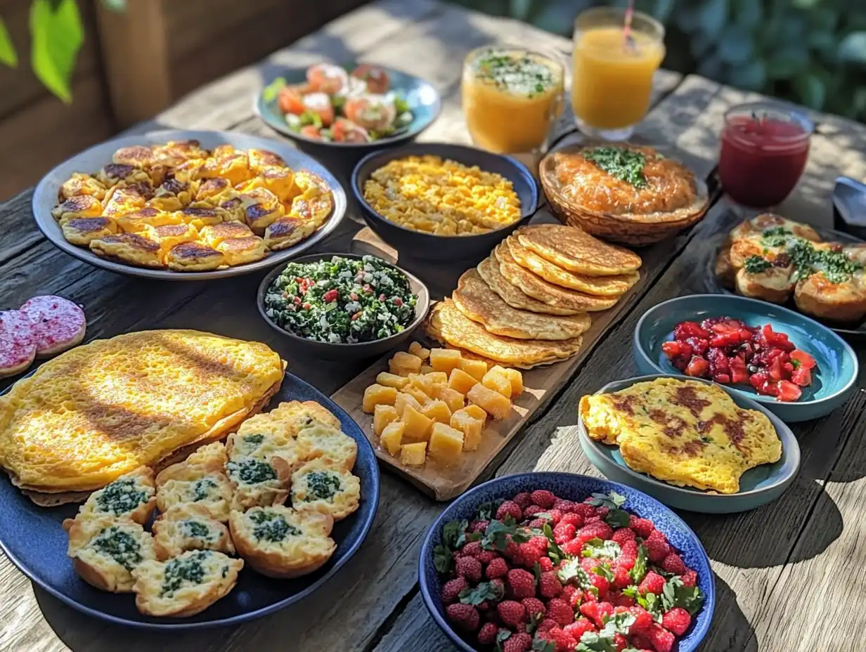 Gluten-free brunch spread with savory and sweet dishes