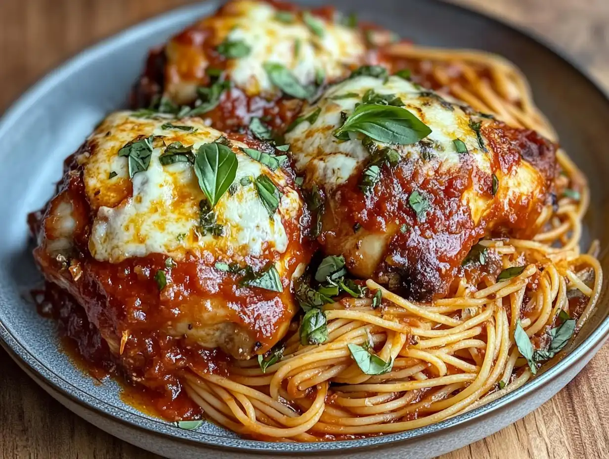 Godfather Chicken served with spaghetti on a wooden table