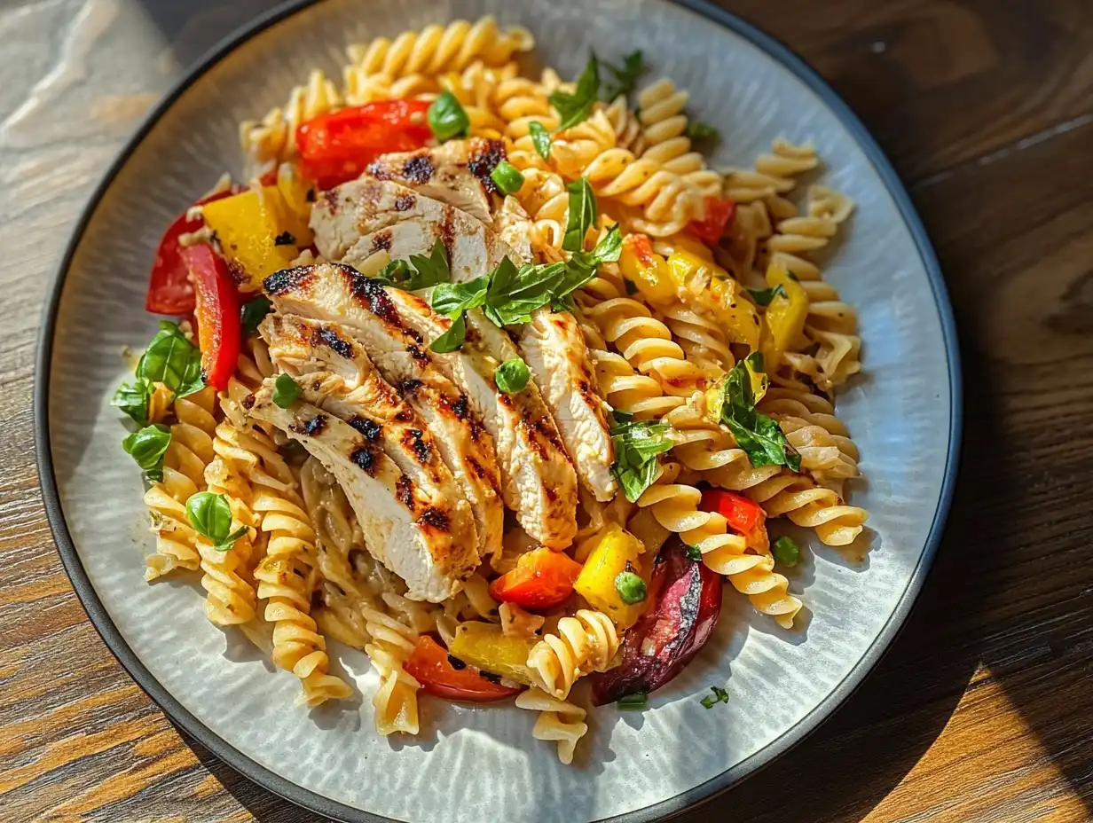 Healthy whole wheat pasta with grilled chicken and vegetables