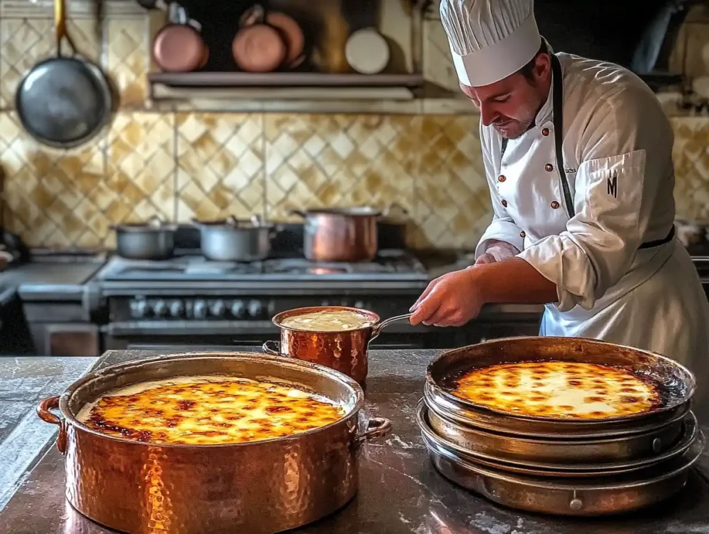 Historical preparation of crème brûlée by a French chef