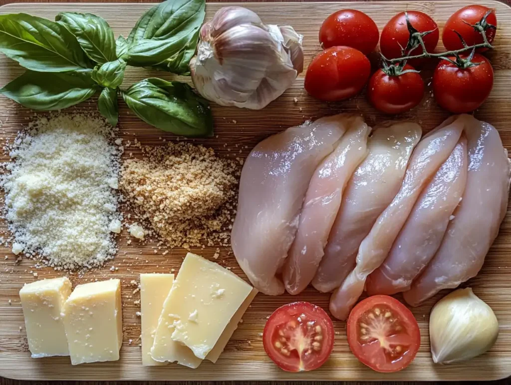 Ingredients for Chicken Parmesan laid out on a cutting board