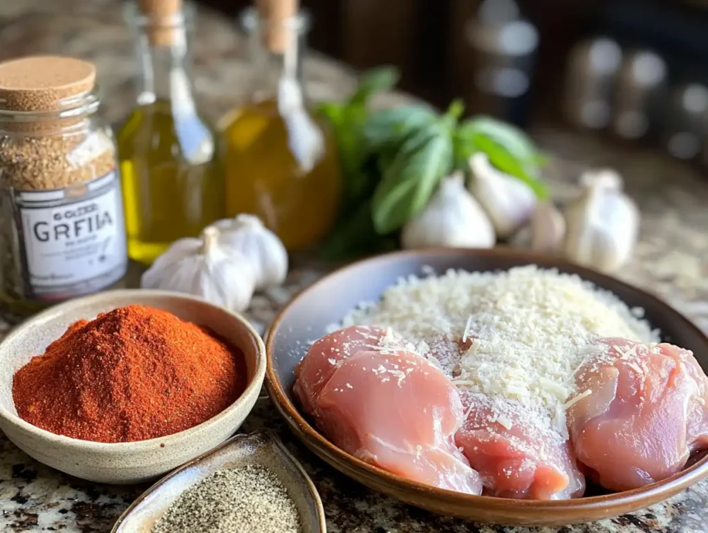 Ingredients for making Godfather Chicken on a rustic kitchen counter