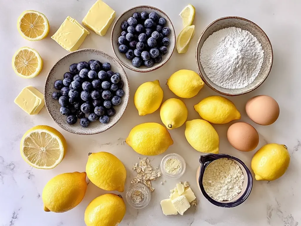 Ingredients for lemon blueberry cookies, including lemons and blueberries, on a white surface.