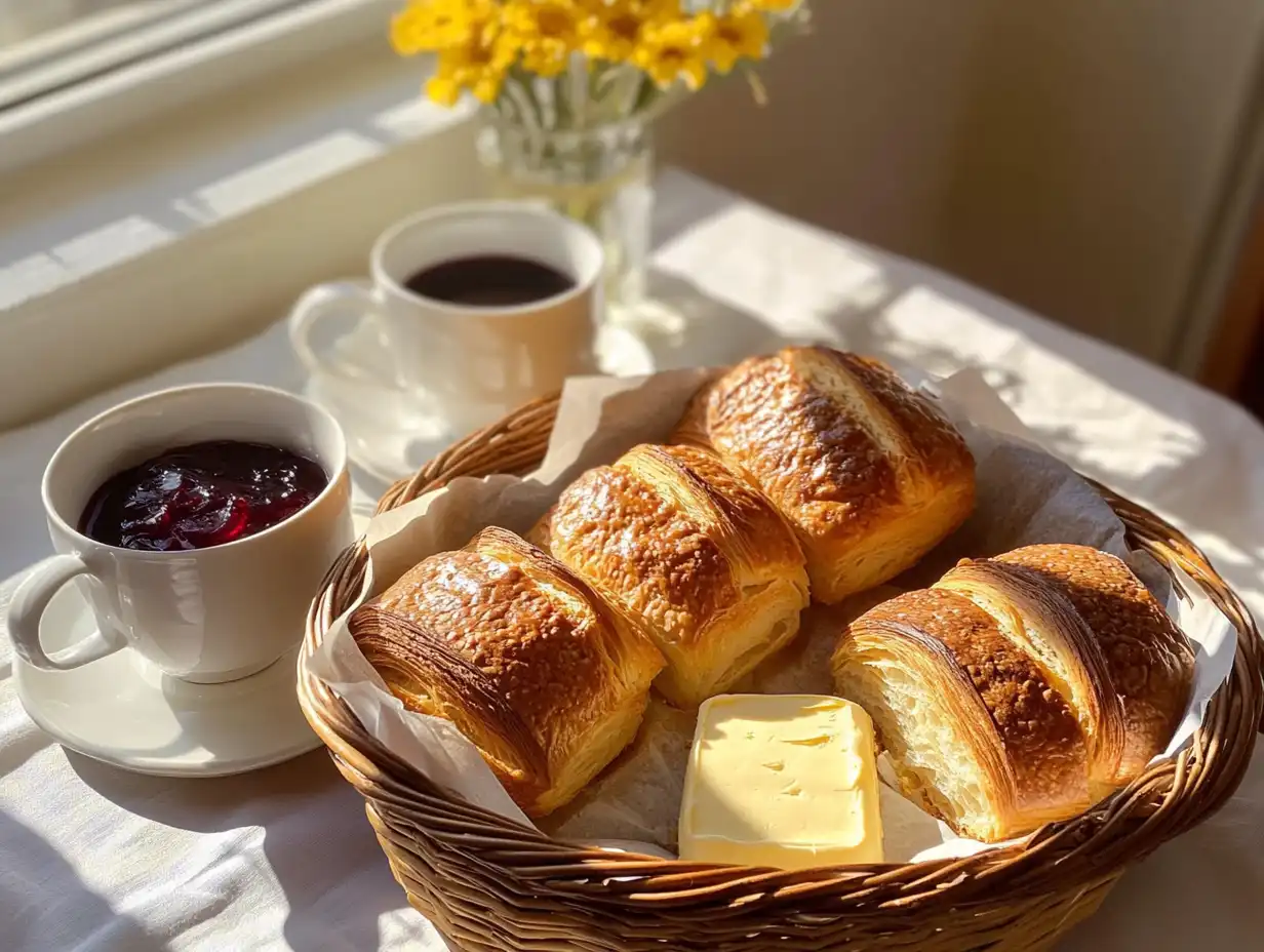 Freshly baked traditional Gipfeli served with coffee and jam