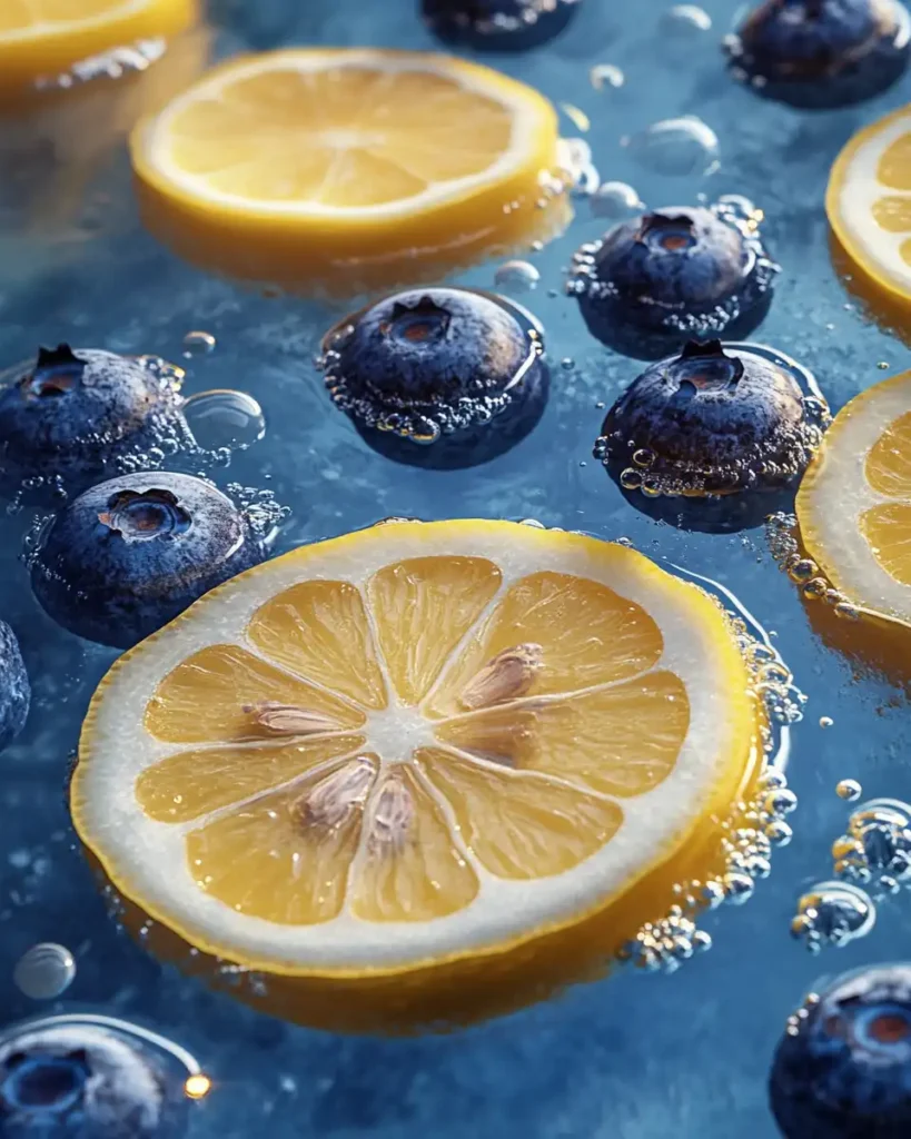 Lemon slices and blueberries floating in sparkling water.
