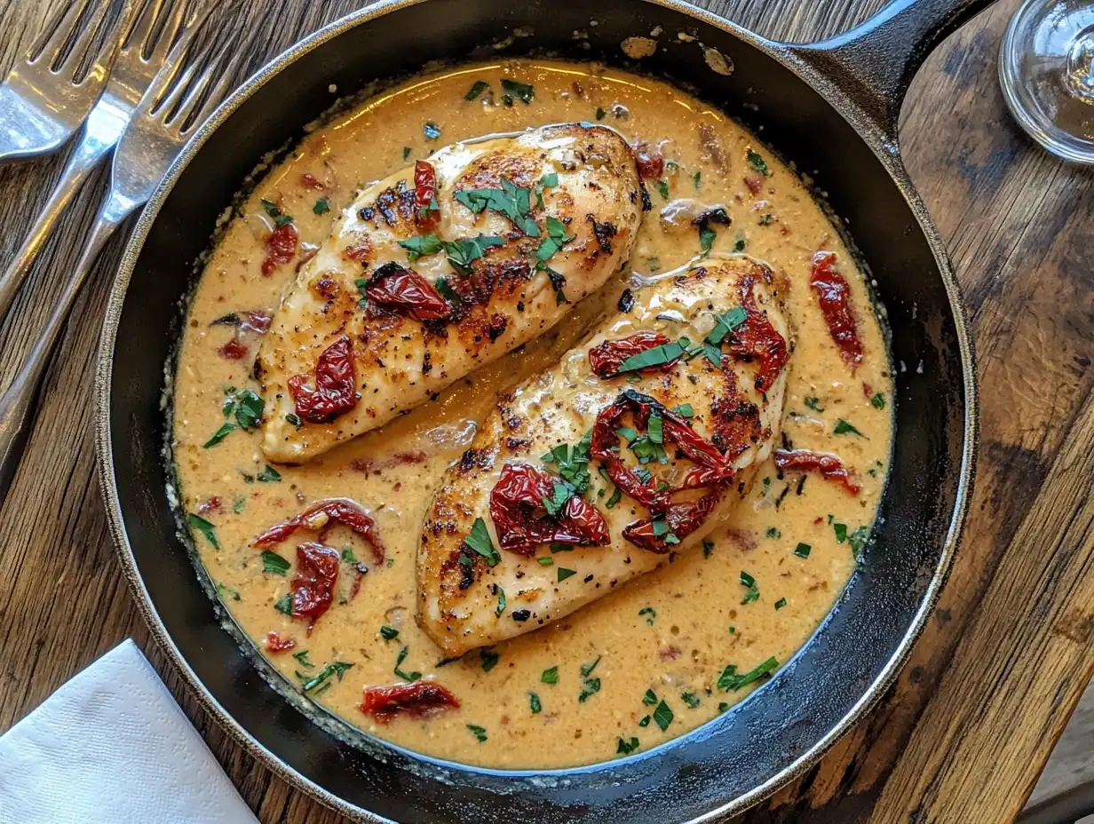 A skillet of Marry Me Chicken with thick, creamy sauce and sun-dried tomatoes.