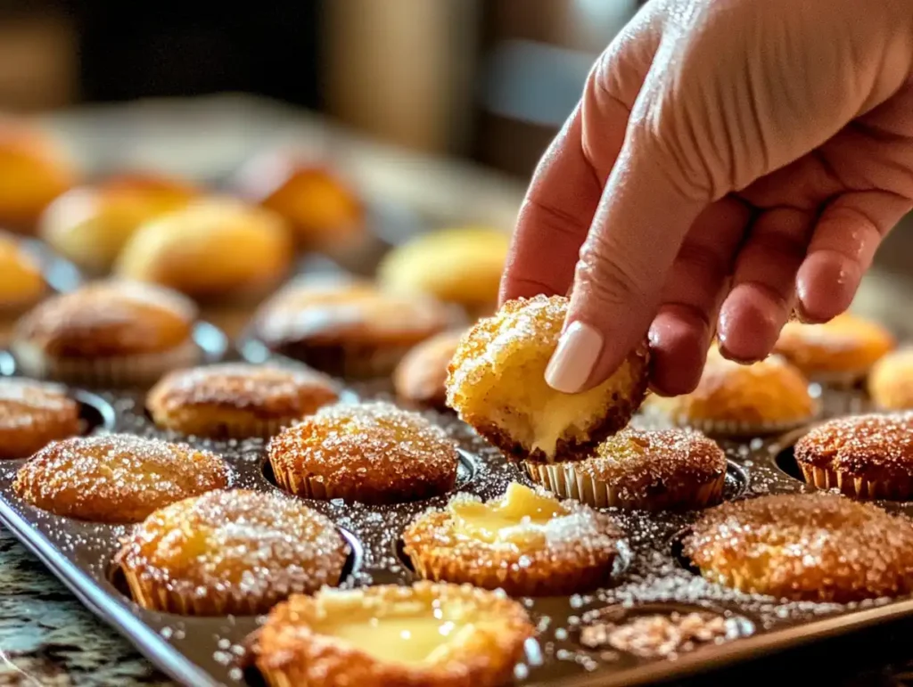 Muffin being coated in cinnamon sugar