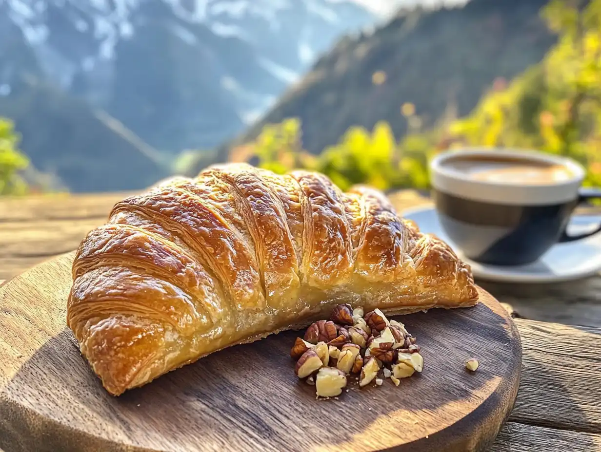 A Nussgipfel pastry with coffee and an Alpine backdrop.