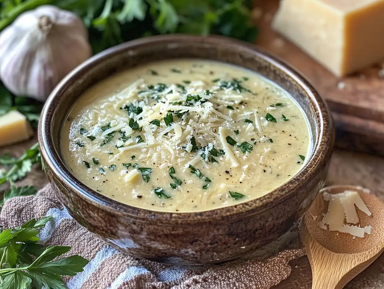 Parmesan garlic sauce in a bowl with parsley garnish