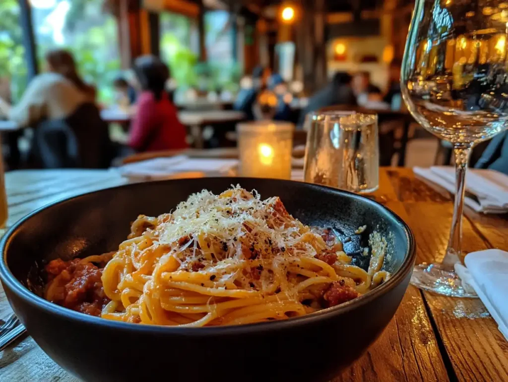 People dining on pasta in an Italian bistro