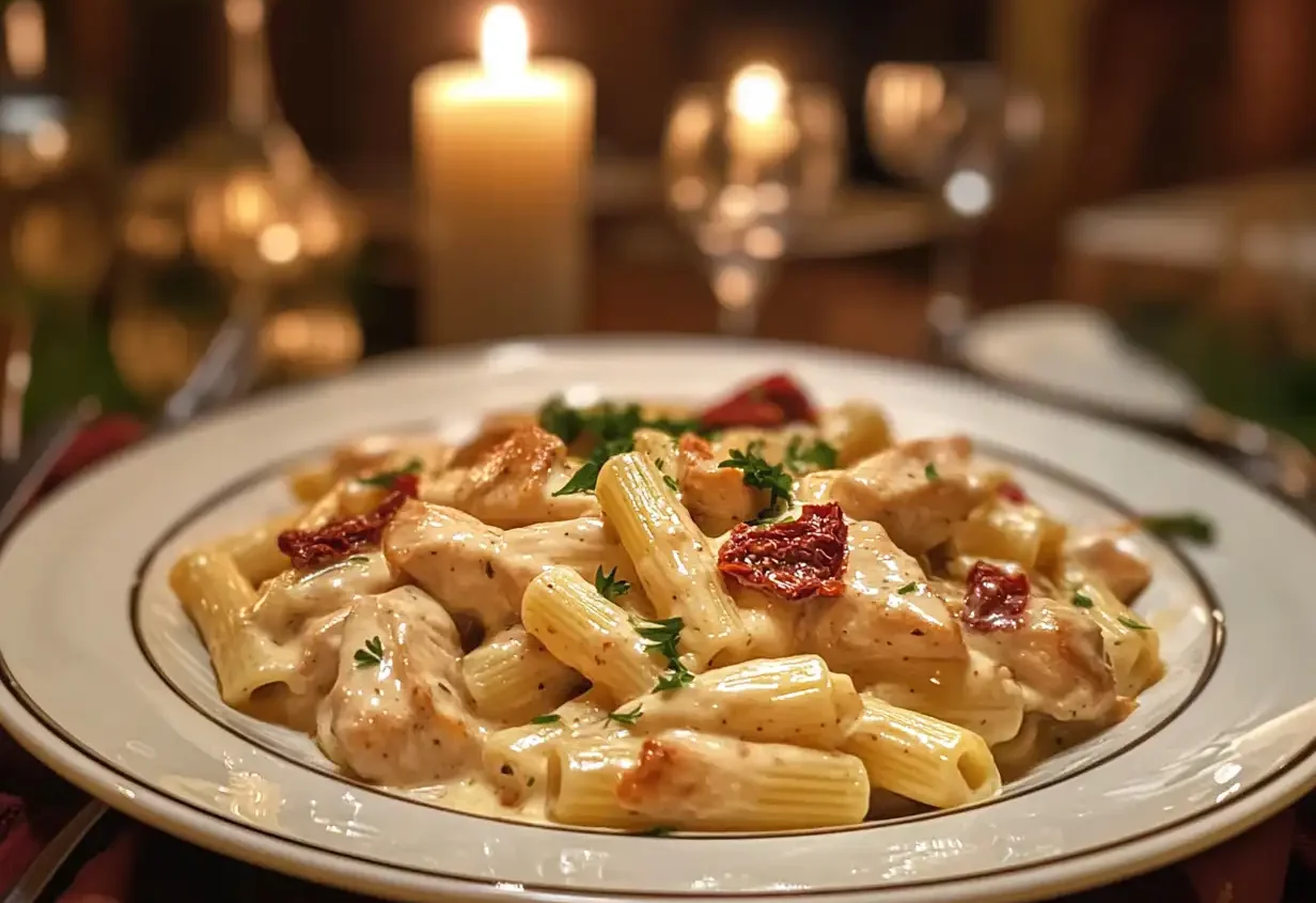 Plate of Marry Me Chicken Pasta served on a romantic dinner table.