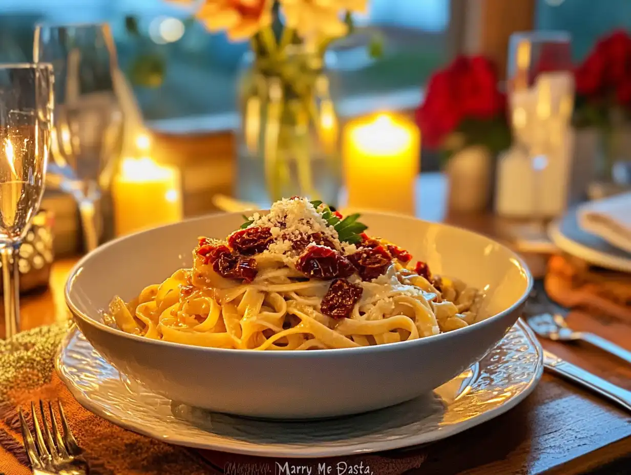 Bowl of creamy Marry Me Pasta on a romantic dinner table setup