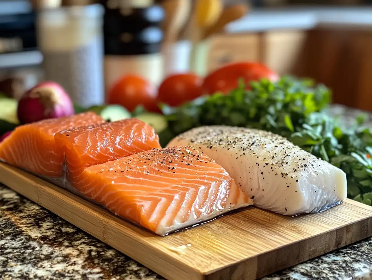 Salmon steak and whitefish fillet side by side with vegetables