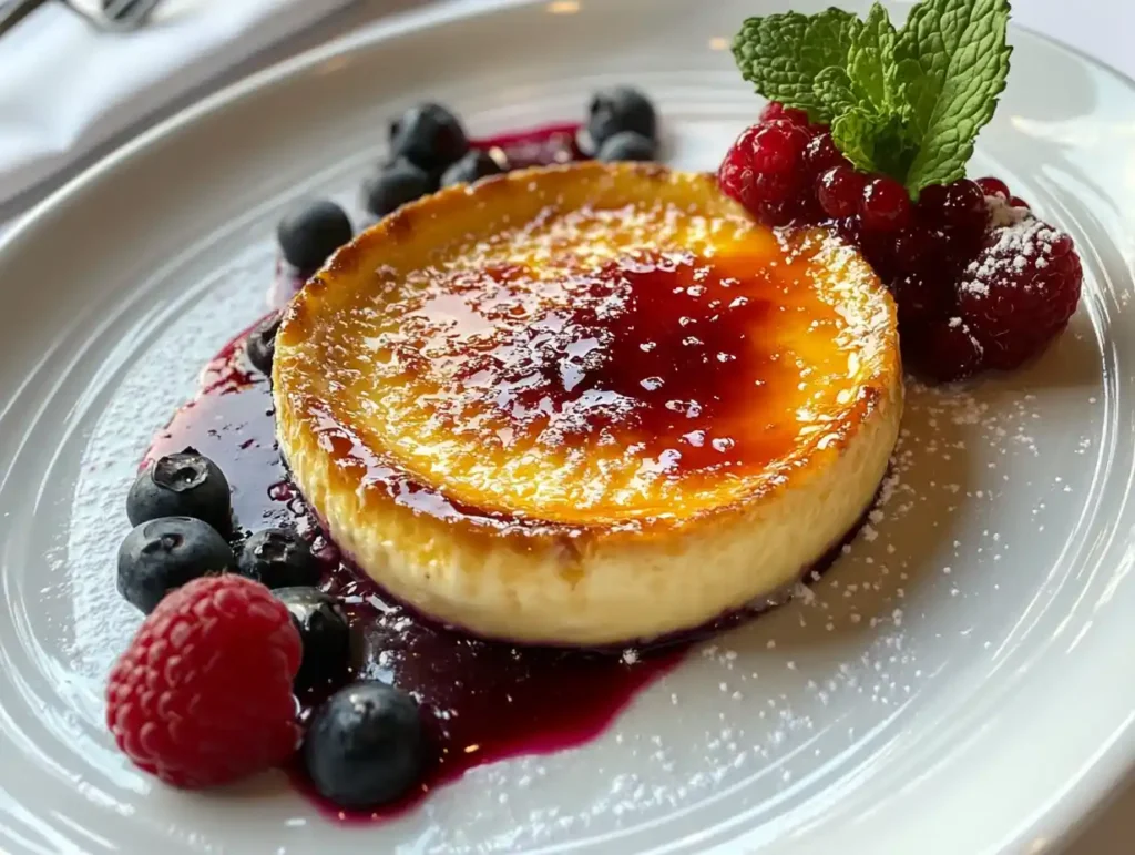 Served crème brûlée with berries and coulis