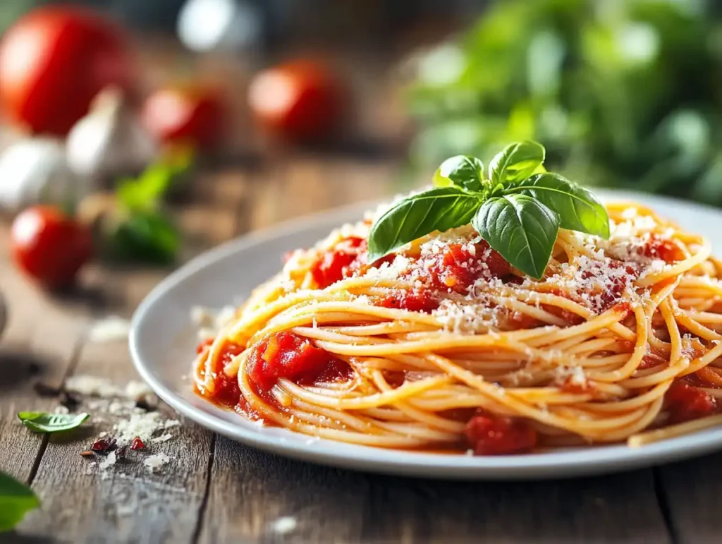 Spaghetti with fresh tomato sauce and basil