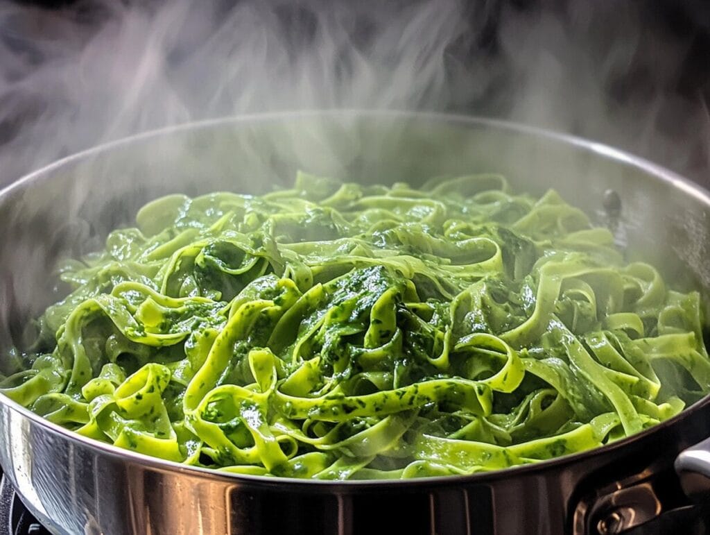 Spinach pasta with Alfredo sauce and garlic bread