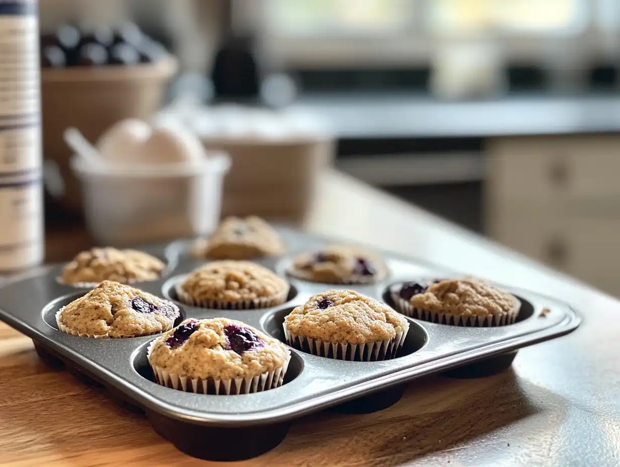 Freshly baked protein muffins with ingredients in the background.