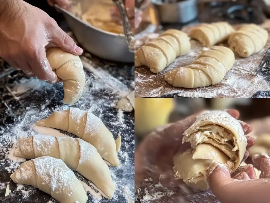 Steps for making Nussgipfel, from rolling dough to baking