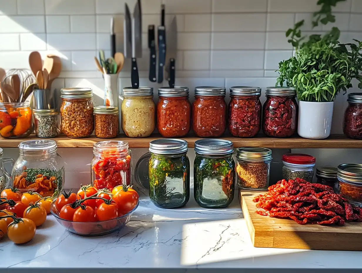 Fresh tomatoes and substitutes for sun-dried tomatoes on a kitchen counter