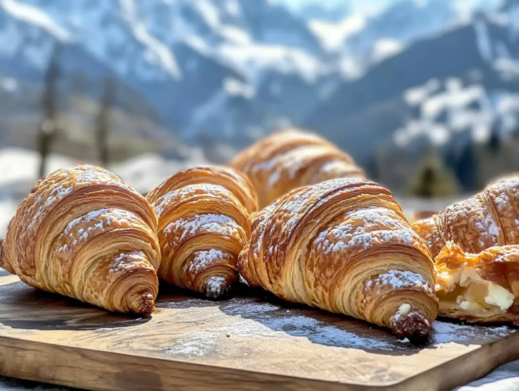 Swiss Gipfeli with diverse fillings on a wooden board