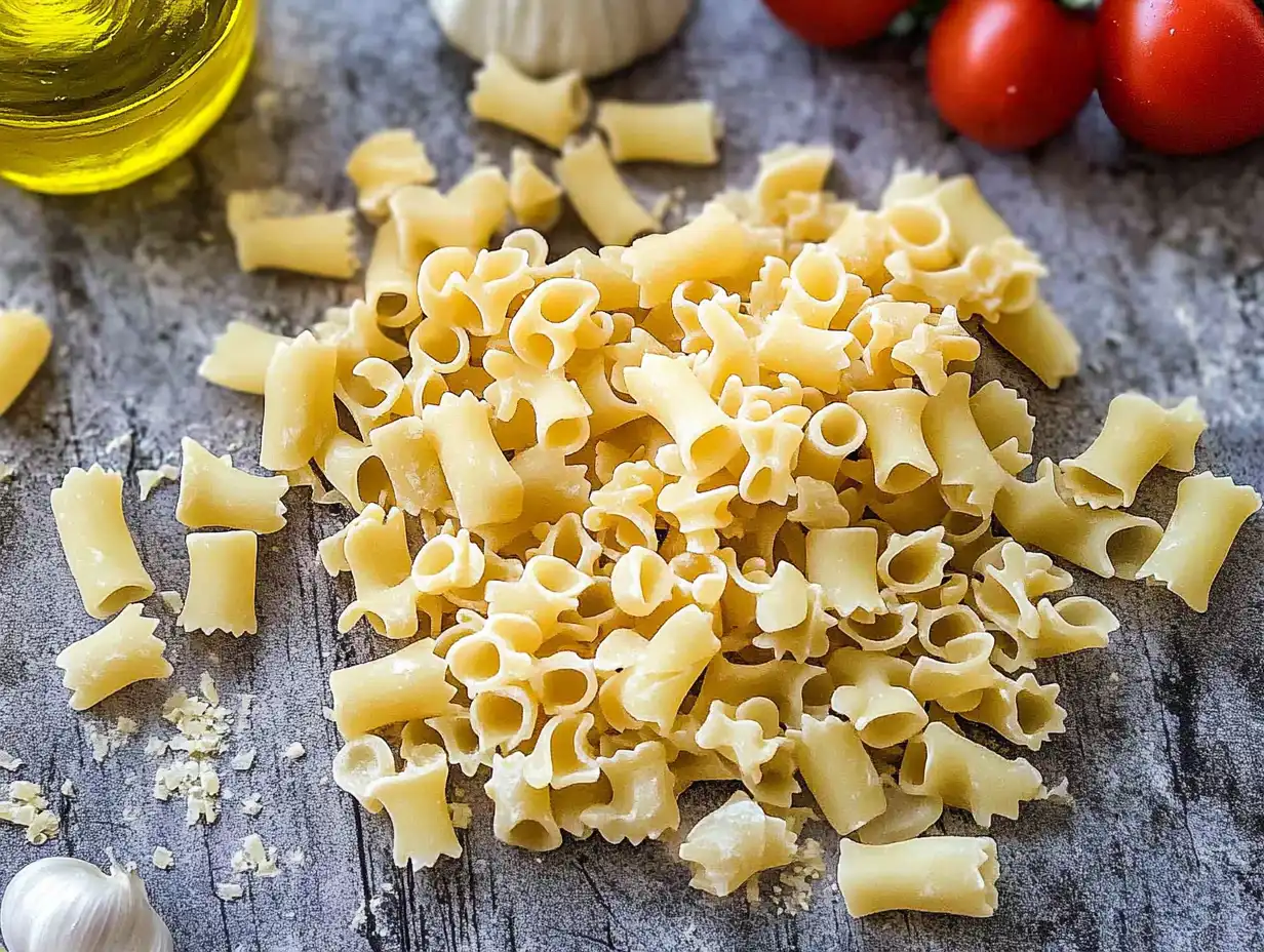 Uncooked Gigli pasta on a wooden surface with fresh Italian ingredients