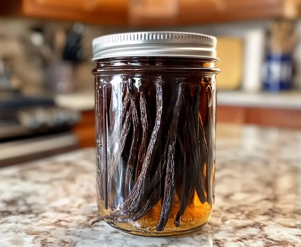 Jar of vanilla bean paste stored at room temperature with visible specks.