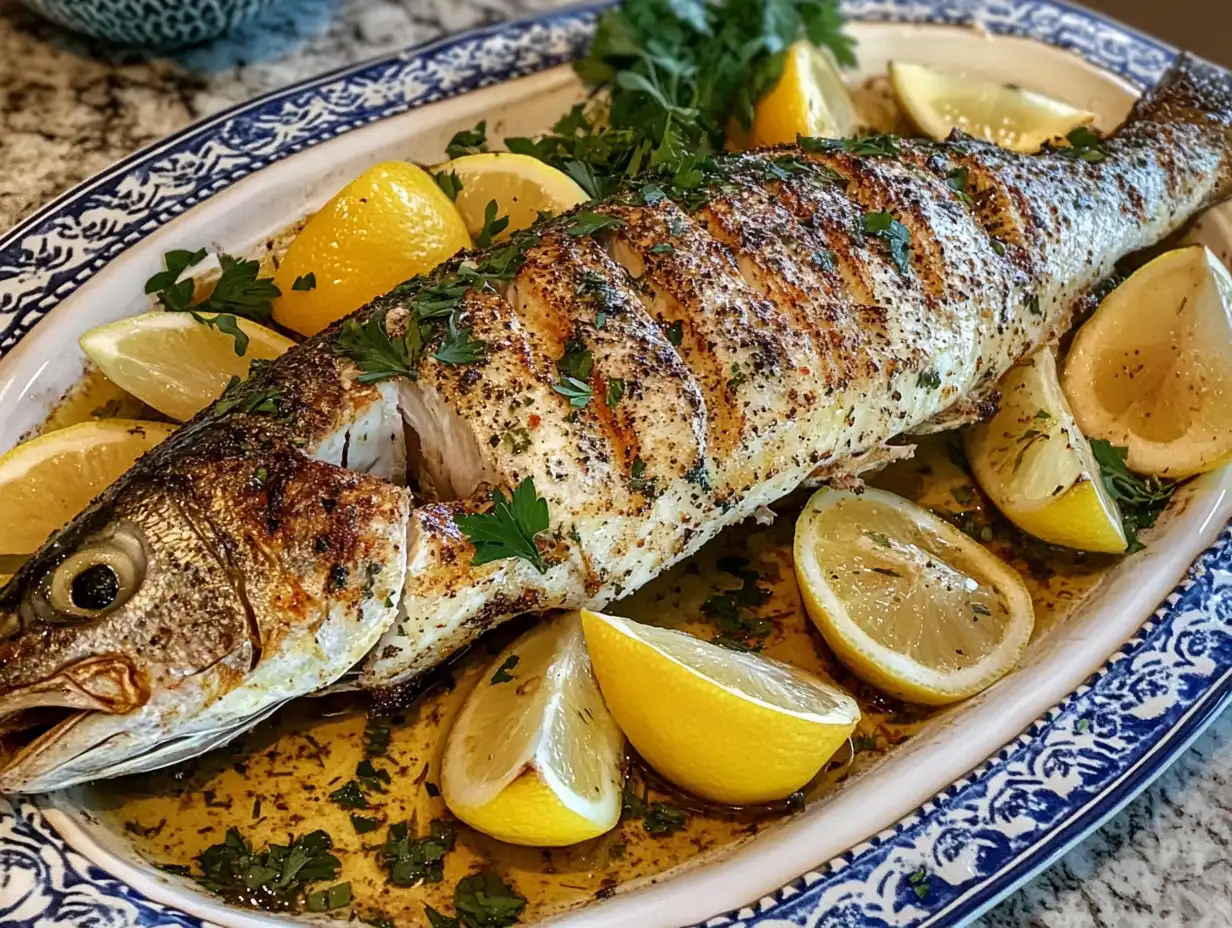 Whole roasted branzino garnished with lemon and herbs.