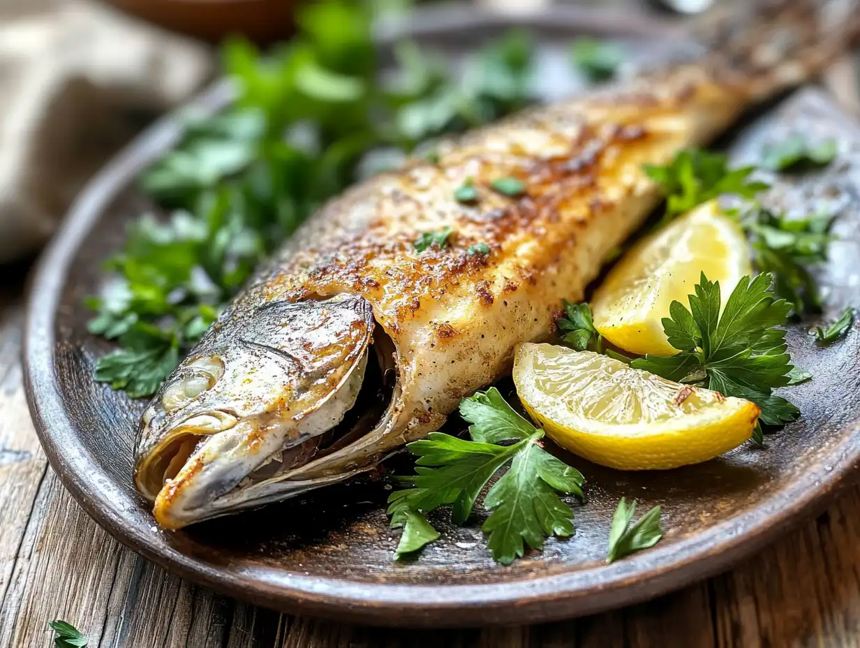 Whole roasted branzino with garnishes.