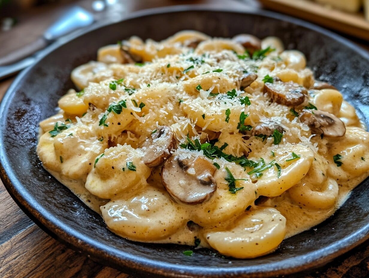 A creamy mushroom pasta dish garnished with parsley and Parmesan