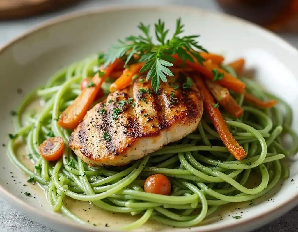 Green pasta with tomato sauce.