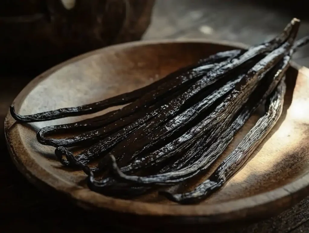 Fresh vanilla beans with a glossy texture on a wooden surface.