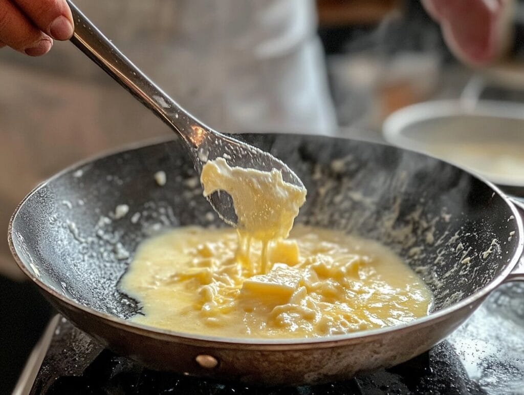 A chef making a roux in a skillet for sauce thickening.