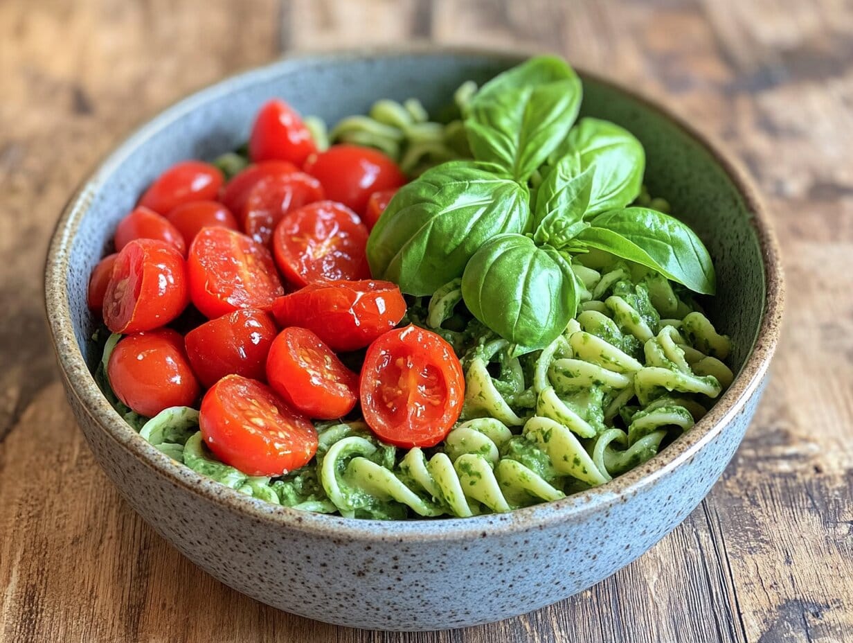 A bowl of spinach pasta with cherry tomatoes and basil.