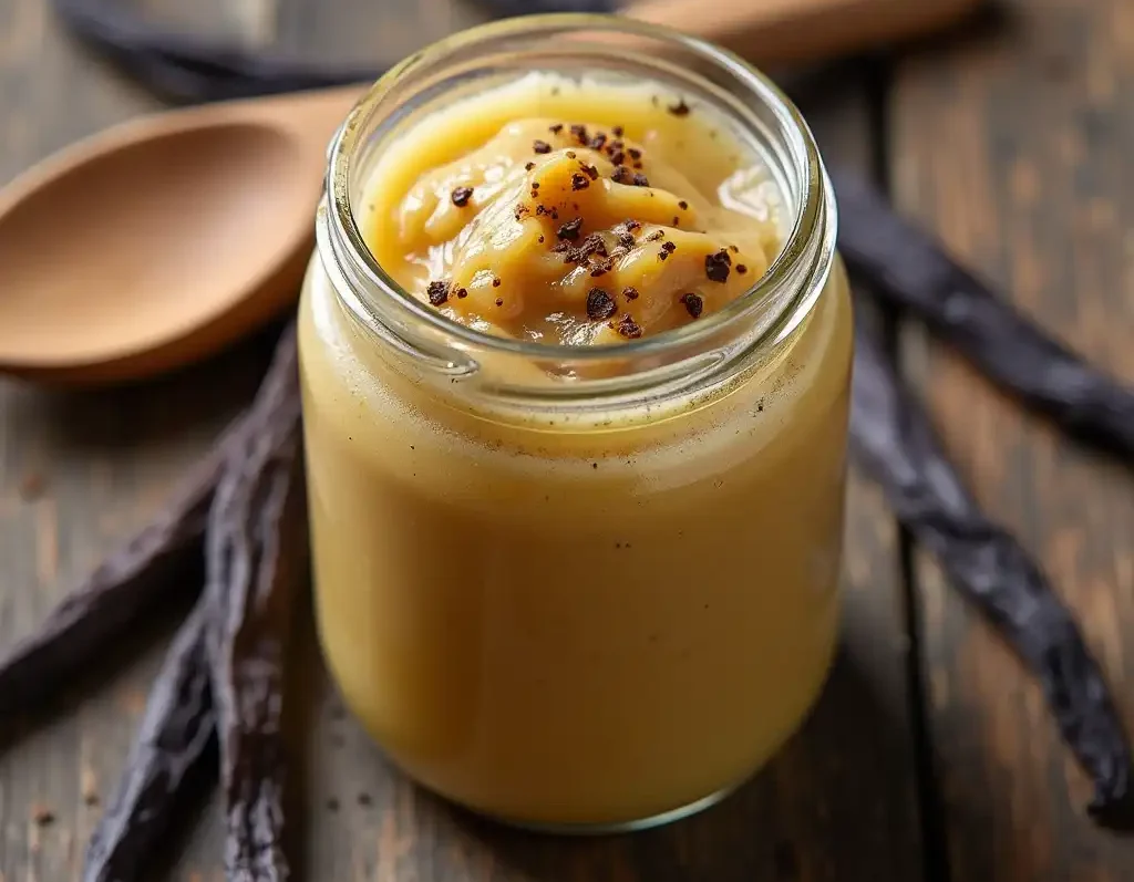 A jar of vanilla bean paste with vanilla pods and a wooden spoon on a rustic countertop.