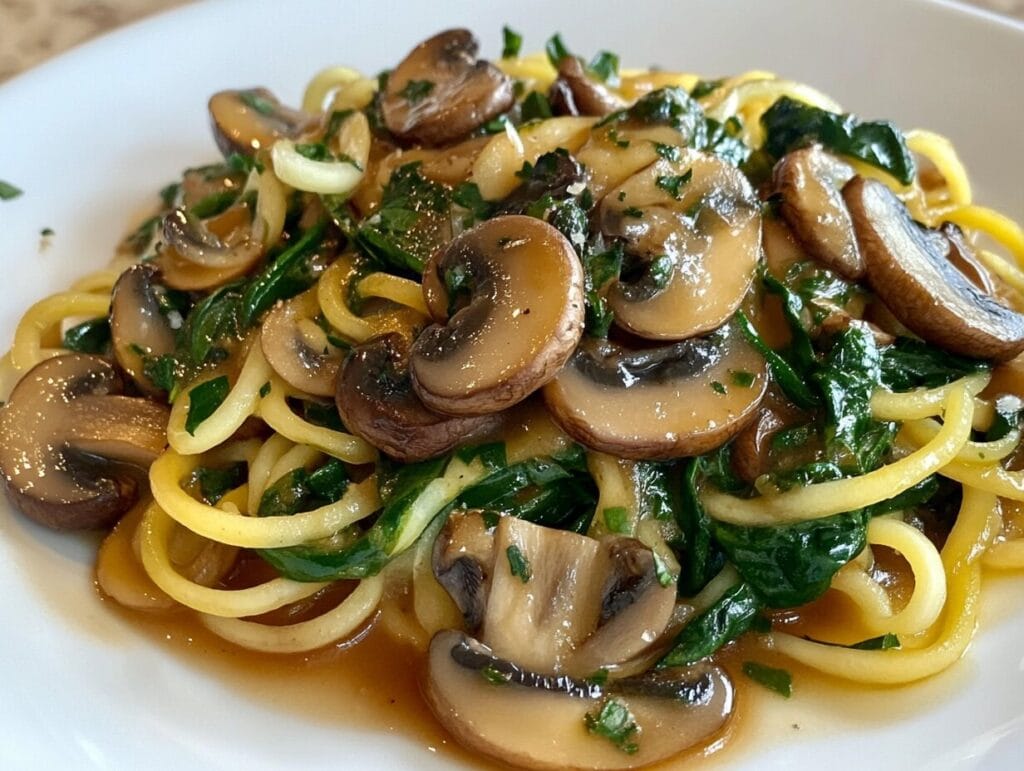 A bowl of zucchini noodles with spinach and mushrooms in a light sauce