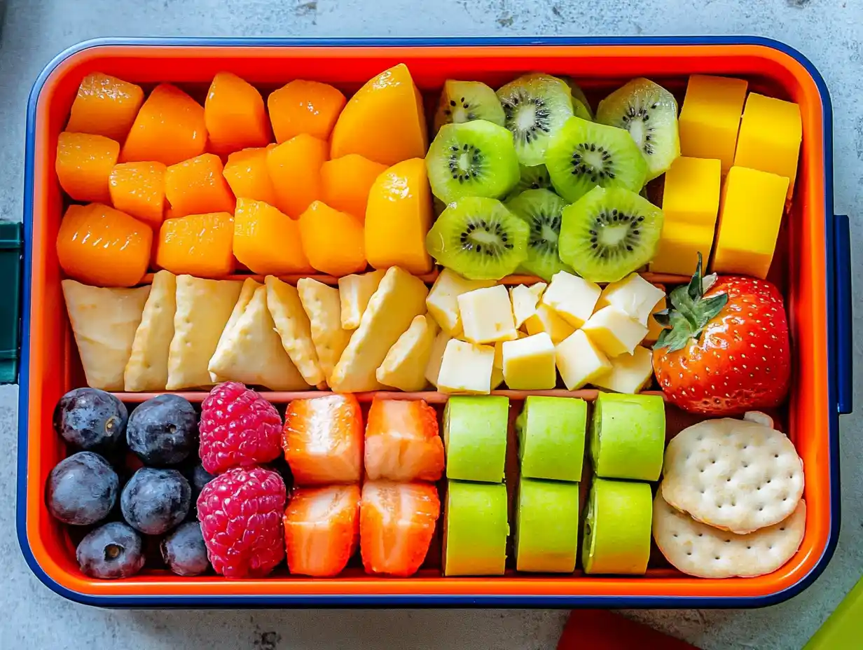 A colorful kid’s lunchbox with healthy foods